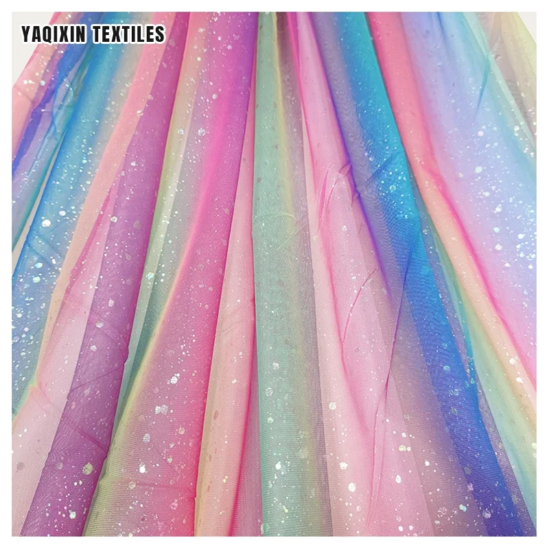 YX2181 Women Dress Rainbow Gradient Glitter Tulle Laces Fabrics for 5 Yards 100 Polyester Mesh Lining Fabric Chinese Suppliers - 图片 3
