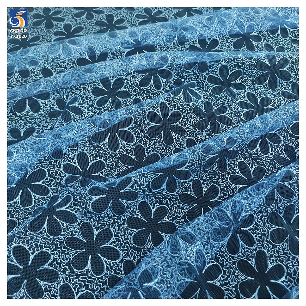 YX1020 2026 Classic Style Blue, Purple and Multi-Colored Large Flower Embroidered Tulle Fabrics Embroidered Skirts Mesh Fabric - 图片 3