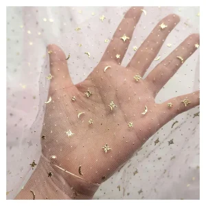 2024 Novel Design Tulle Golden 3D Star Moon Dot Glittering Tulle Fabric for Baby Garment 20 Yards MOQ