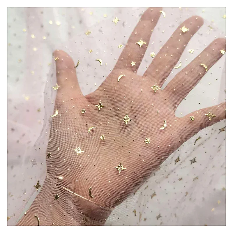 2024 Novel Design Tulle Golden 3D Star Moon Dot Glittering Tulle Fabric for Baby Garment 20 Yards MOQ