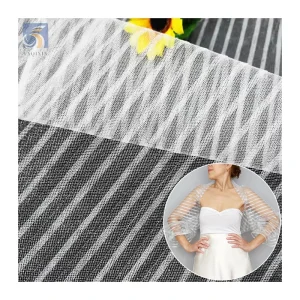 Premium White Wedding Tulle Polyester Spandex Stripe Tulle Mesh Pleated Plisse Stretch Fabric