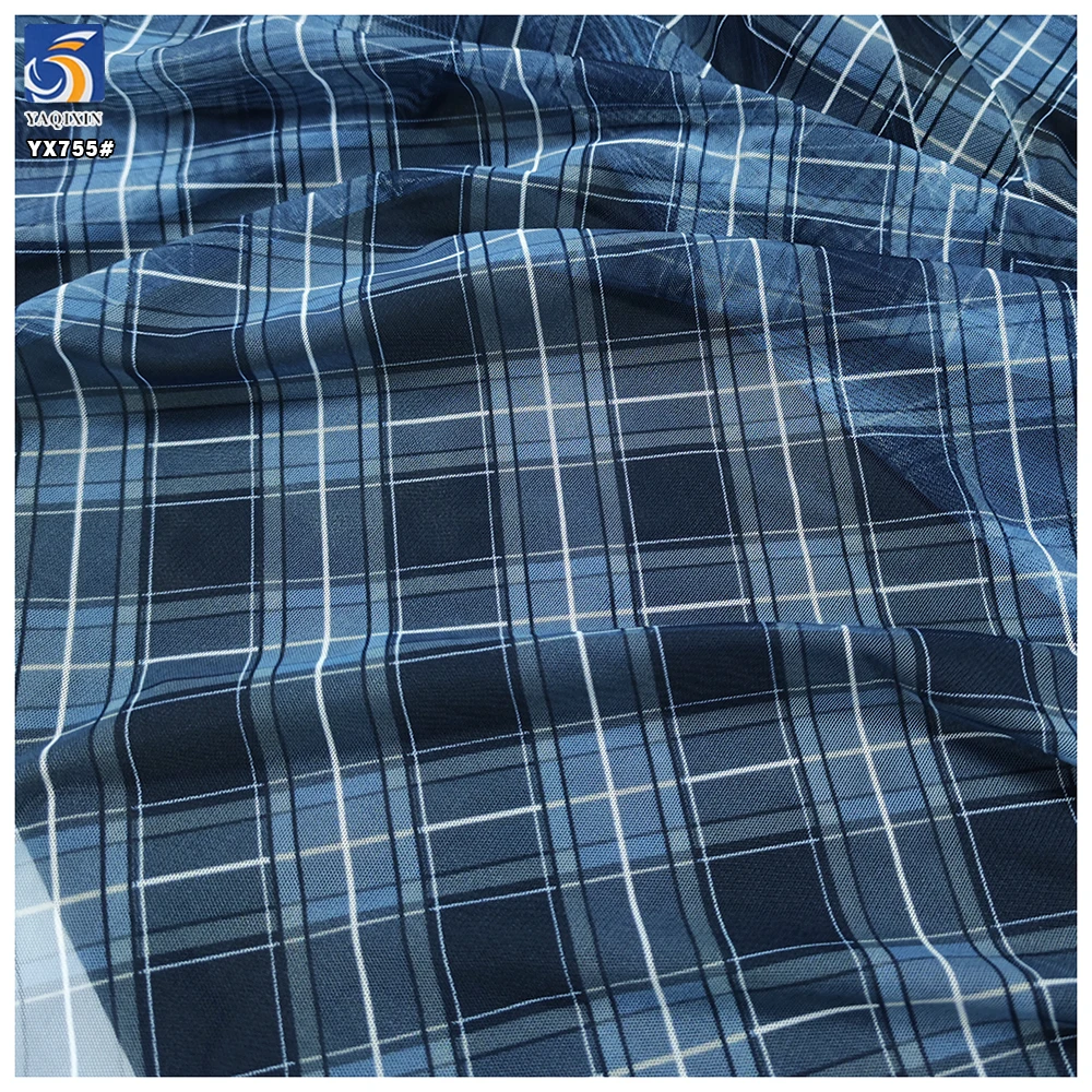 YX755 Casual Skirt Dark Blue Gradient Digital Printed Plaid Tulle Fabric 100% Polyester Soft Checked Tulle Mesh Fabric - 图片 6