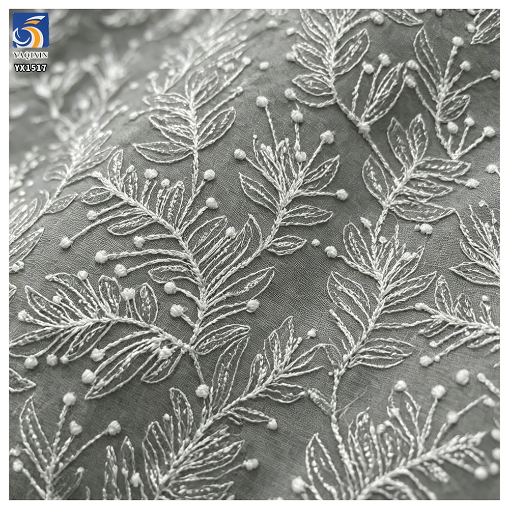 YX1517 Wholesale White Leaf Pattern Embroidered Tulle Fabric With 3mm Sequins for Gown Ladies Apparel - 图片 5