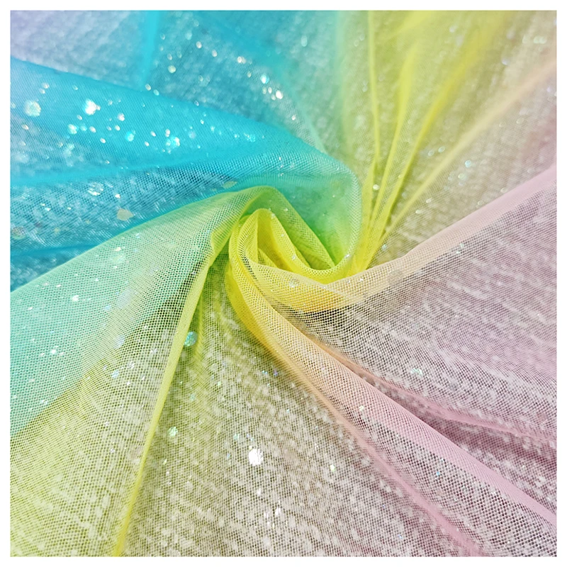 YY221125 High Quality Soft 100 Polyester Shiny Dot Tricot Knit Mesh Tulle Fabric with Print Rainbow Design - 图片 5
