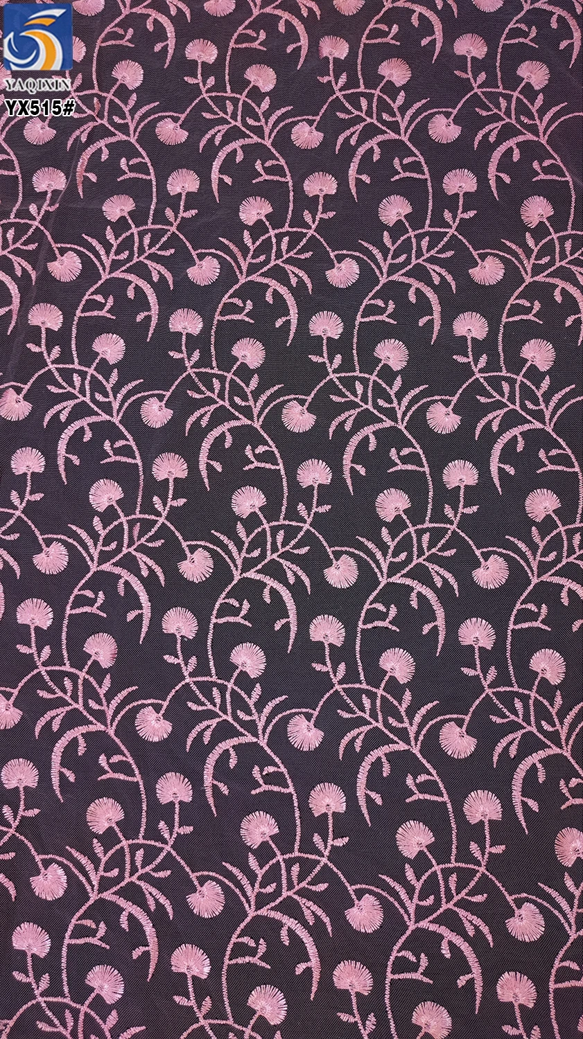 YX515 Cute Pink Floral Embroidered Girl Net Fabric 2025 Customized Polyester Mesh Fabric Embroidery - 图片 3