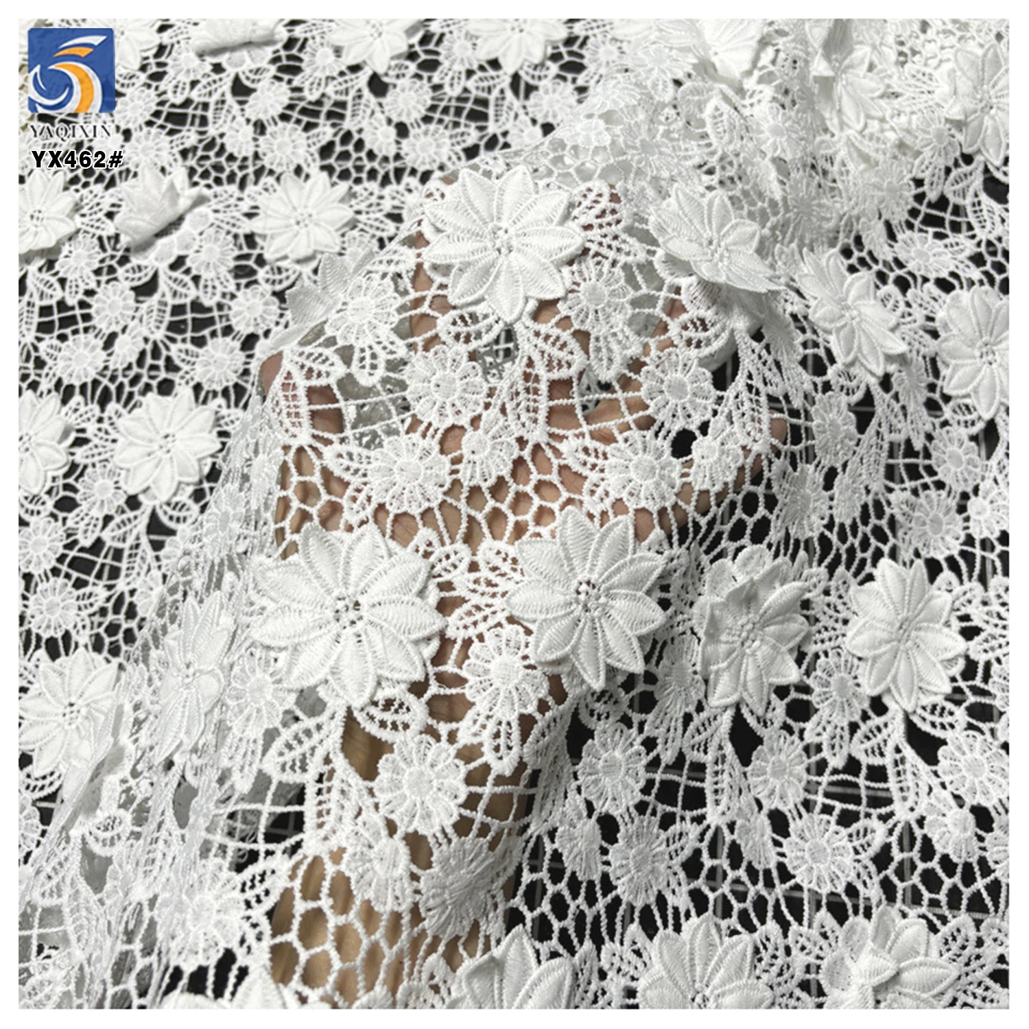 YX462 Wholesale 100 Polyester 3D Applique Lace Embroidery Fabric Poly Water Soluble Milk Silk Lace White Fabric - 图片 6
