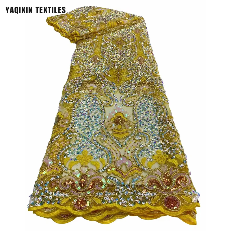 YX2213 Handmade Embroidered Classic Vintage Sequins Nigerian Lace Fabric for Traditional Apparel Dress - 图片 6