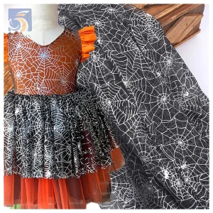 KT38-1 2025 Polyester Spider Web Print Mesh Tulle Glitter Fabric Halloween Fabrics for Clothing