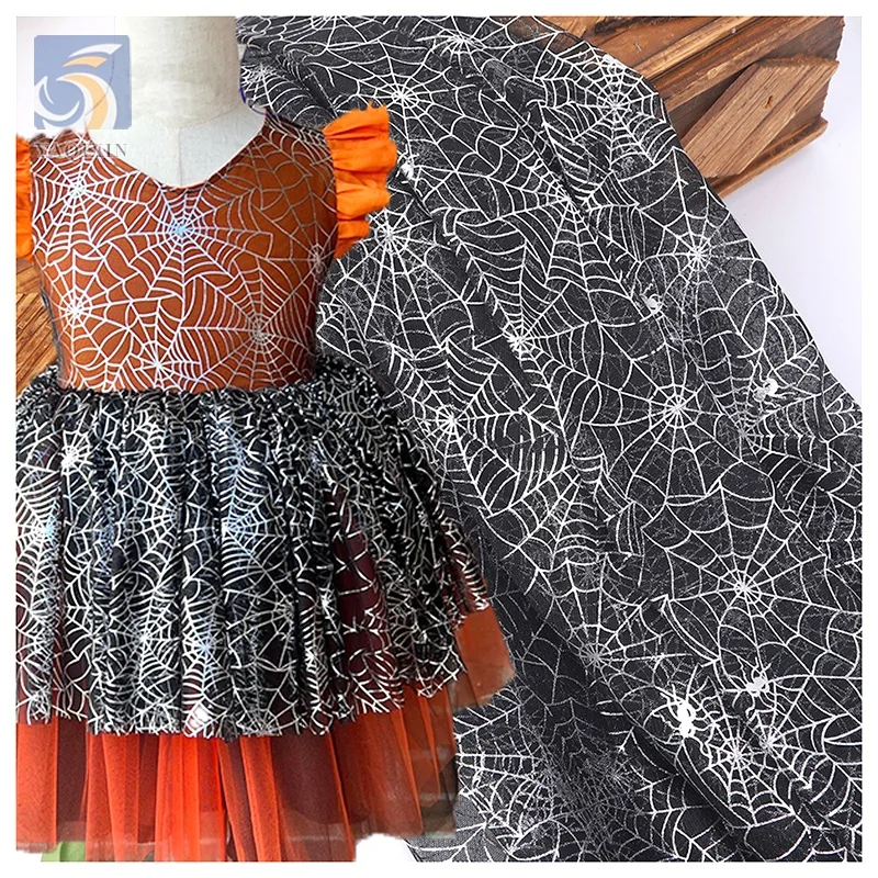 KT38-1 2025 Polyester Spider Web Print Mesh Tulle Glitter Fabric Halloween Fabrics for Clothing
