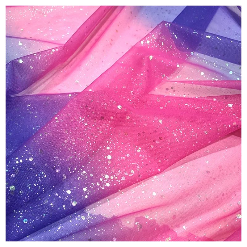YX2044 2025 Hot Dirty Pink Purple Tulle Fabric Rainbow Gradient Ombre Tulle Fabric With Silver Glitter - 图片 5