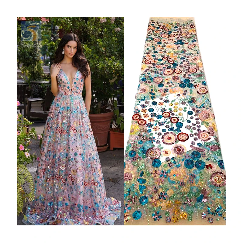 2025 Spring High-End Lace Dress Colorful Sparkle Diamond Sequin Embroidery French Lace Fabric for Woman Lace Dress Textile