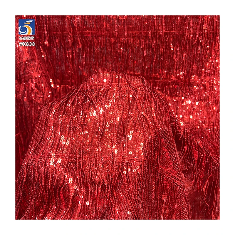 YX838 New Fashion 3mm Strip Embroidery Sequins Fabric Tassel Embroidery Skirt 3D Sequin Fabric for Dance Skirts Cheongsams - 图片 6