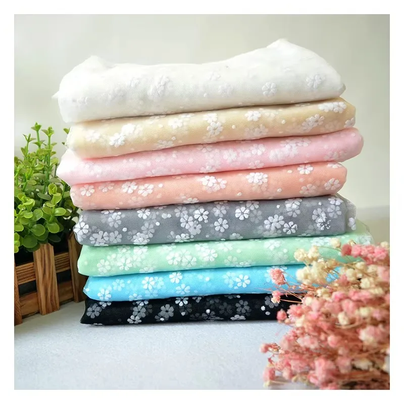 Popular Sunflower Floral Dot Pattern Flocked Soft Nylon Tulle Fabric Wedding Spring Summer Dress Fabric