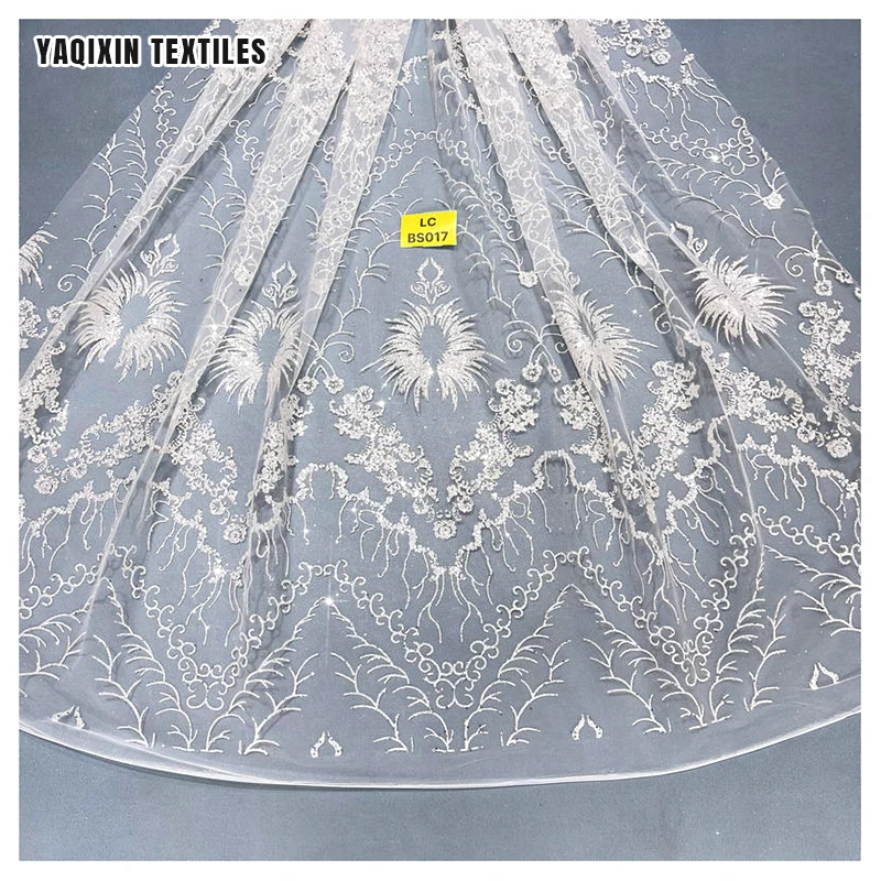 Guangzhou Manufacturer Design Custom Luxurious Pure White Wedding Laces Fabrics Polyester Tulle Bridal Glitter Lace Fabric - 图片 5