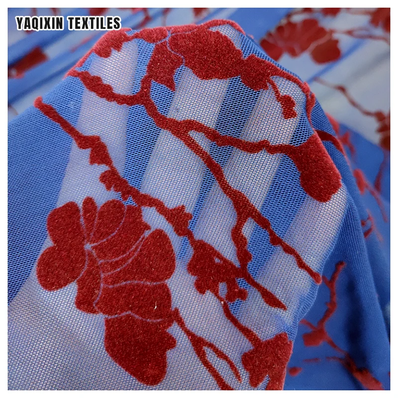 Royal Blue 92 Polyester 8 Spandex 4 Way Stretch Power Mesh Fabric Flocked Red Rose Flower Mesh Lace Fabric 2026 - 图片 4