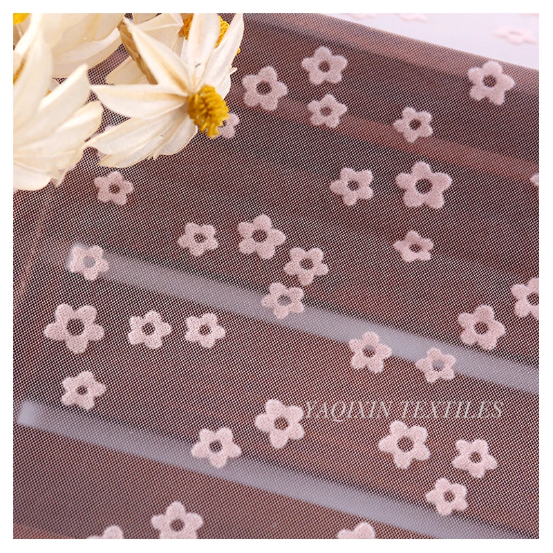 Girls Skirt Floral White Flocked Print 100%Nylon Mesh Fabric Tulle Roll Fabric Textile Wholesaler - 图片 4