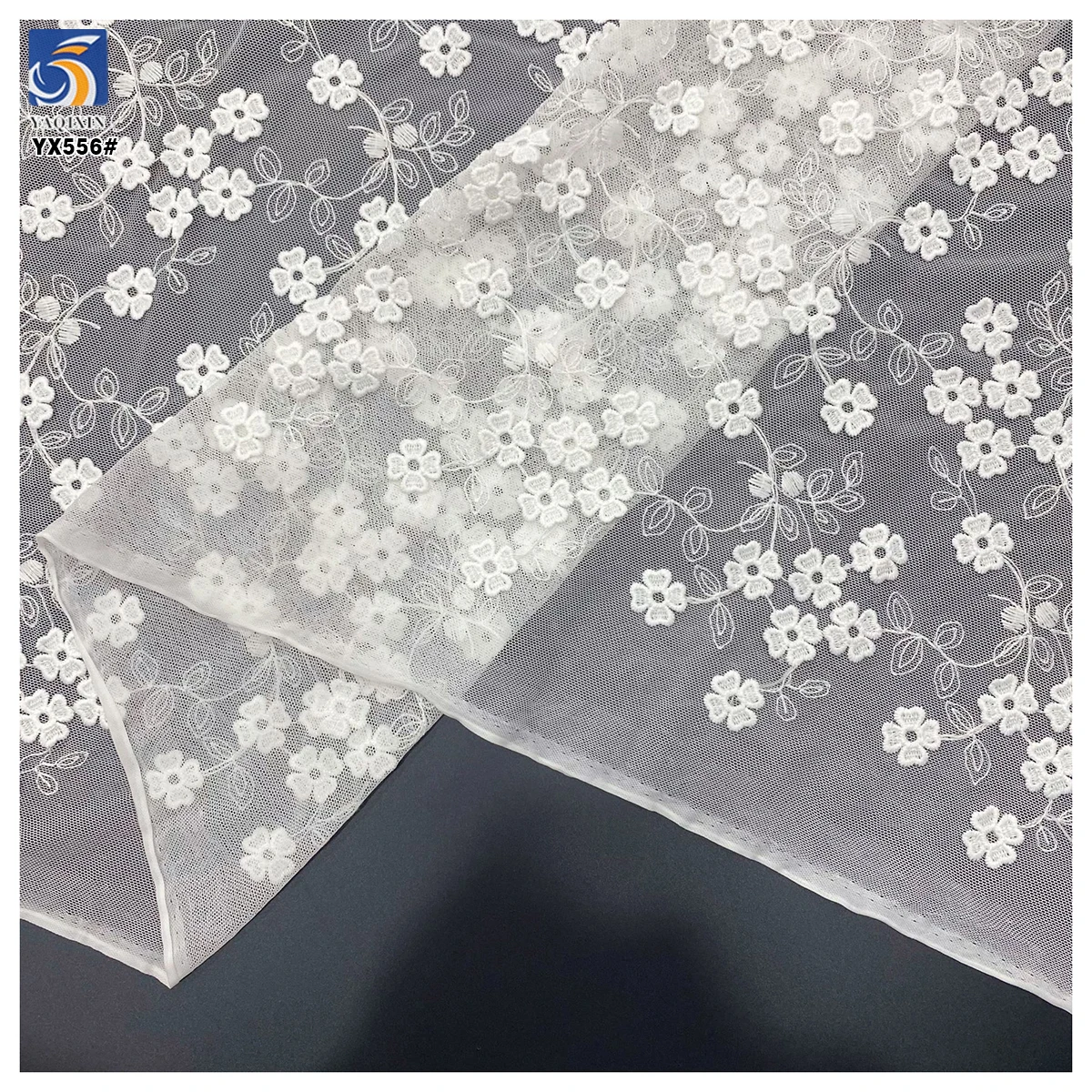 YX556 High Quality Milk Silk White 100% Polyester Mesh Fabric White Floral Embroidery Fabric for Kids Dresses