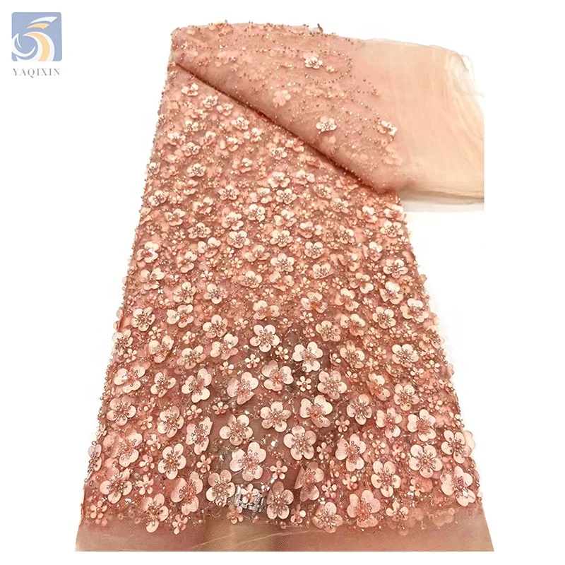 Wholesale Custom 3D Plum Blossom Floral Embroidery Sequin Lace Fabric French Beaded Embroidery Bridal Dress Fabric - 图片 5