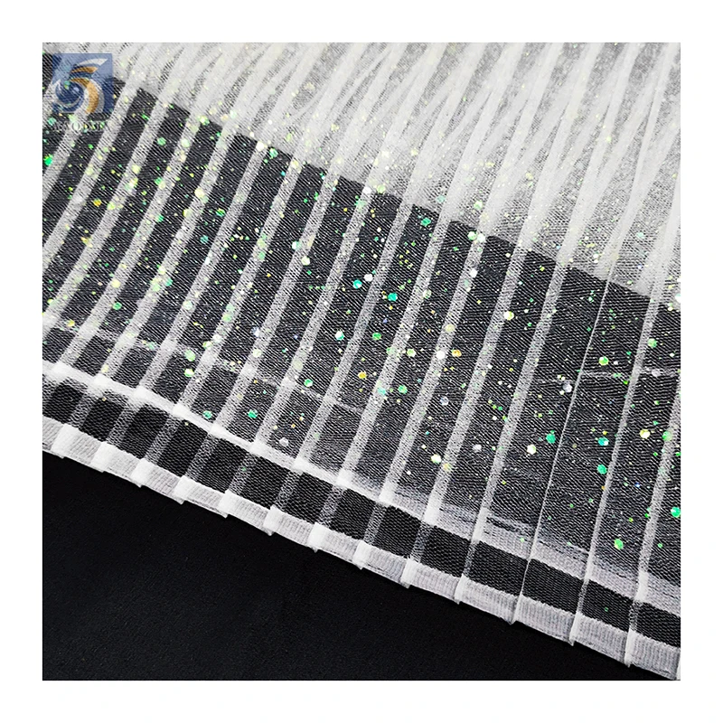 High Quality Wedding Dress 100% Polyester Colored Glitter Pleated Mesh Tulle Fabric for Dress - 图片 5