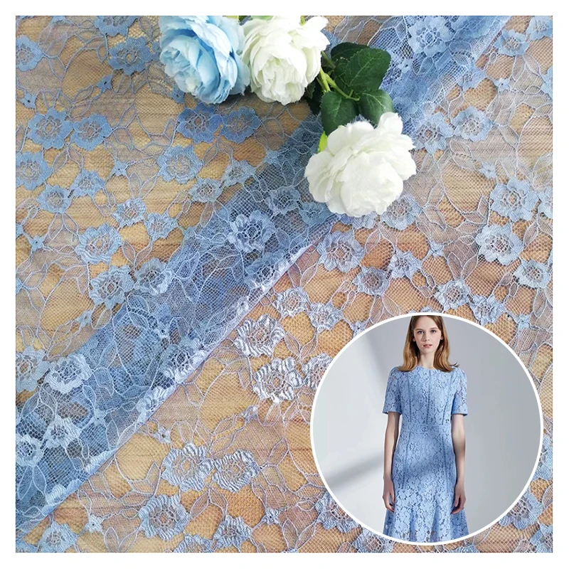 Sapphire Blue Small Floral Jacquard Mesh Lace Fabric for Women African Nigerian Chantilly Lace Fabric 1 Yard MOQ