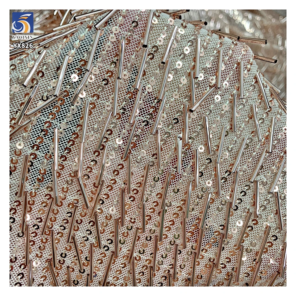 YX826 Latest Mesh Embroidery 3mm Sequins and Tube Sequins Fabric 400gsm Metallic Sequin Fabric for Suspender Skirt Party - 图片 6