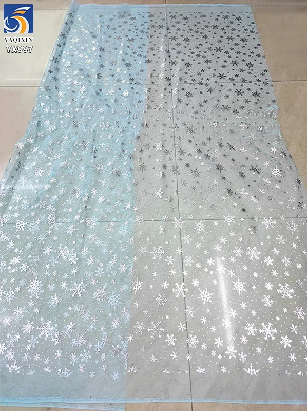 YX887 100% Polyester Silvery White Snowflake Printed Fabric Frozen Mesh Elsa Princess Dress Children's Dress Blue Tulle Fabric - 图片 5