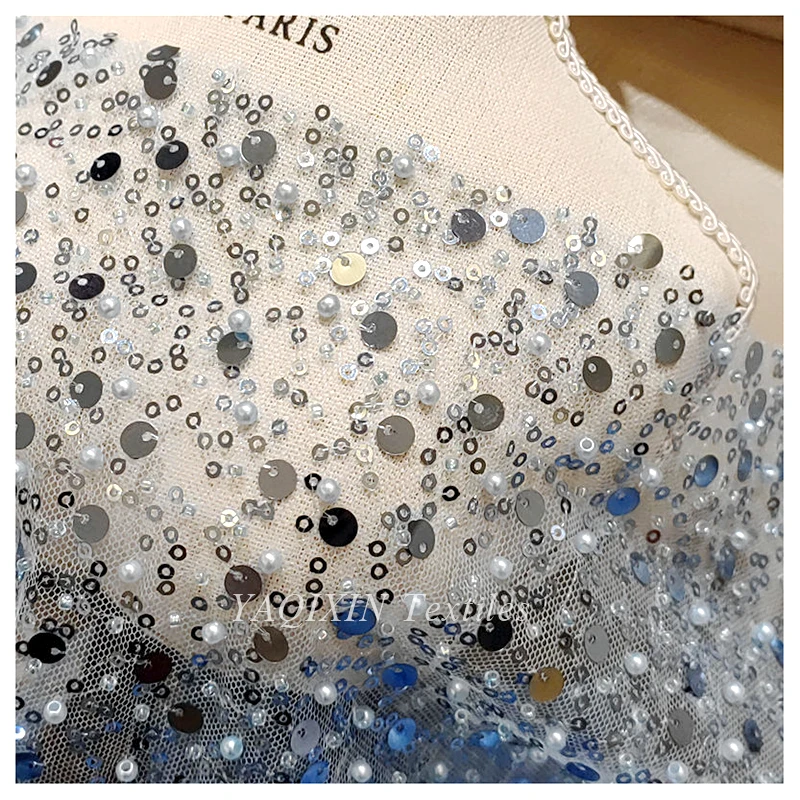 Hot Sale Diamond Crystal White Glitter 3D Beaded Lace Fabric Shiny Sequin Lace Fabric for Wedding Dress - 图片 6