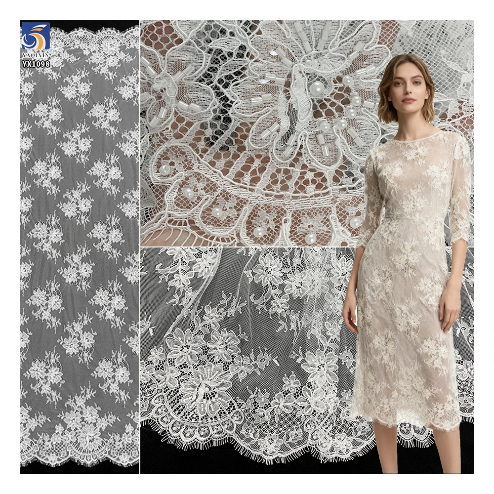 YX1098 High Quality Bridal African White Pearl 3D Lace Fabrics Eyelash Lace High-End Heavy Beads Luxurious Wedding Fabrics 3D