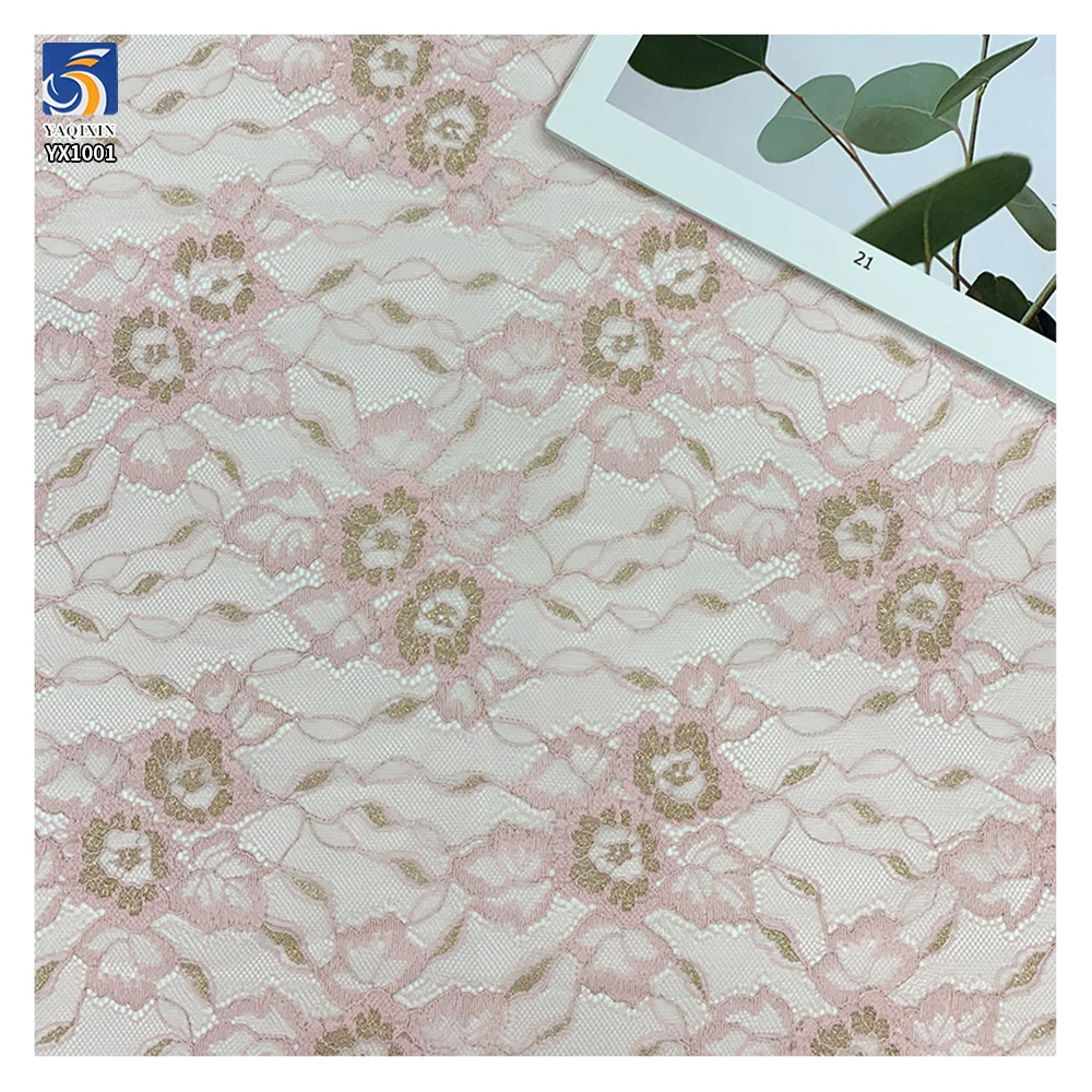 YX1001 50gsm Gold-Thread Peony Flowers Jacquard Mesh Lace Fabric 100% Nylon Lace Jacquard Tulle Chantilly Lace Fabrics - 图片 3