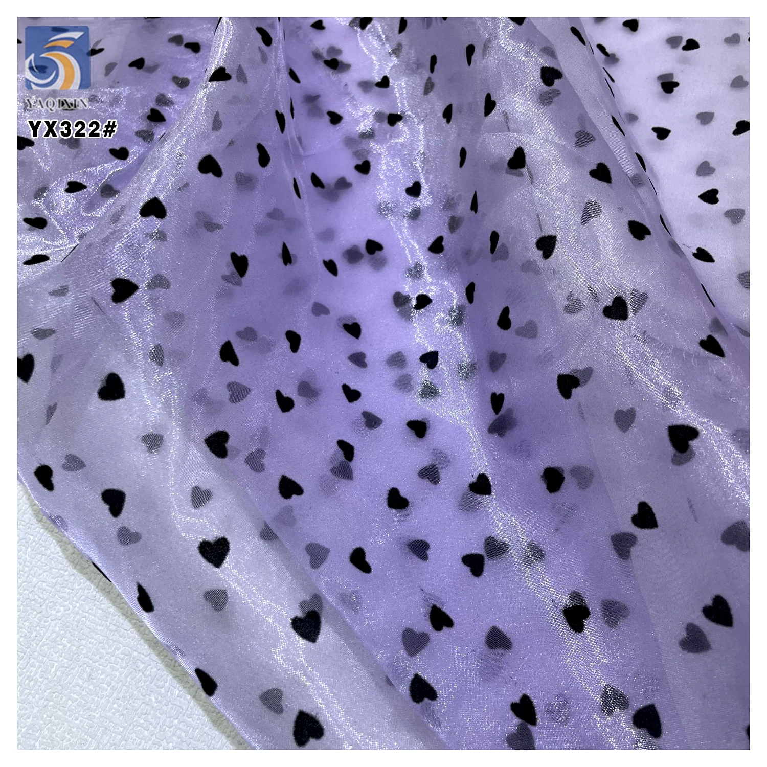 YX322 New Arrival Fluffy Stiff Polyester Shiny Organza Black Flocked Heart Fabric for Headpieces Dresses - 图片 4