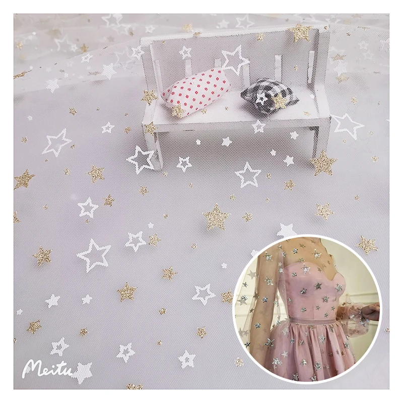 SG34 Purple Soft Tulle Textile Gold Glitter Star Printed Mesh Tulle Fabric for Summer Children's Dress - 图片 5