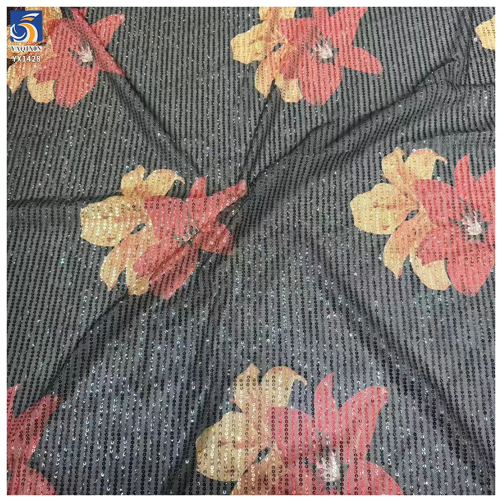 YX1428 RTS 180gsm New 2026 Sun Face Sunflower Printed Sequin 4 Way Stretch Net Mesh Fabric 140cm for Evening Gown - 图片 4