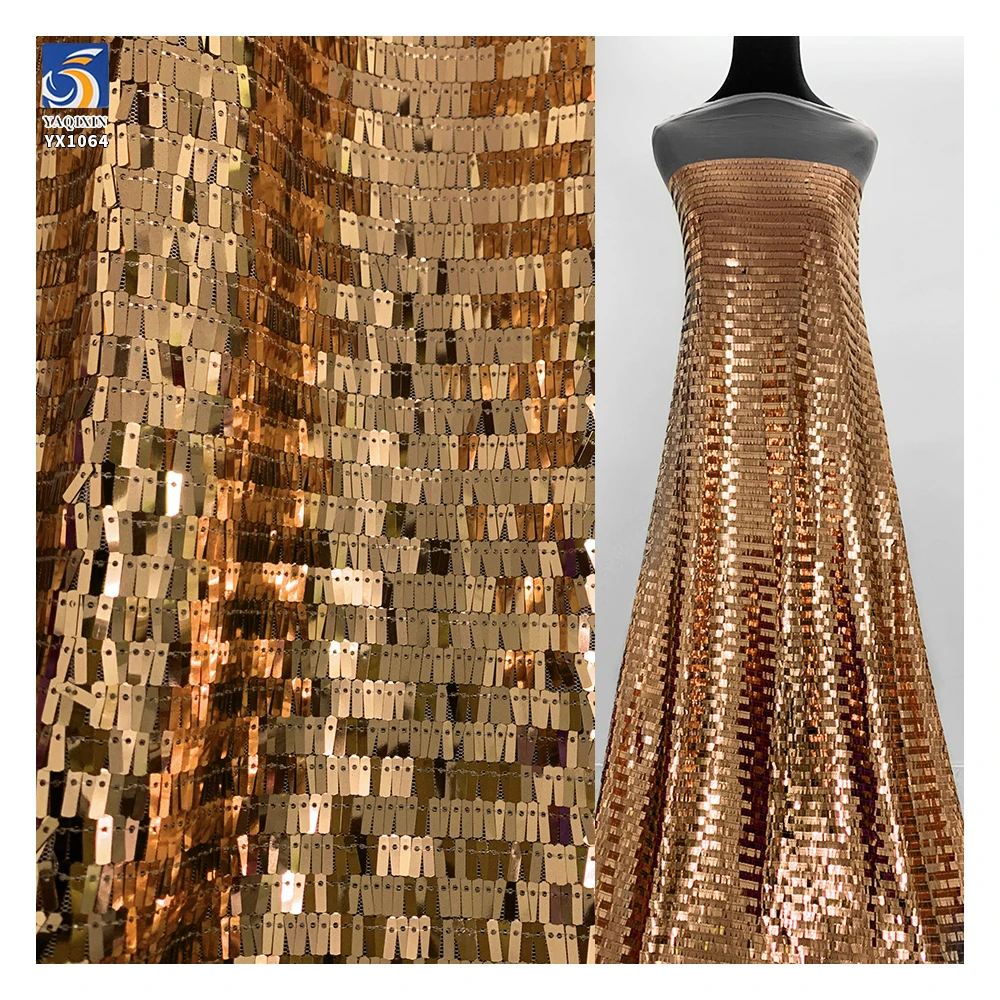 YX1064 3*9mm Size Metallic Glitter Gold Sequins Fabric for Evening Dresses 400gsm Heavy Shiny Sequin Fabric Sales 5 Yards