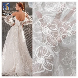 YX324 Wholesale Handmade Hollow Polyester Chiffon Embroidered Lace Fabric Floral White Embroidered Chiffon Fabric