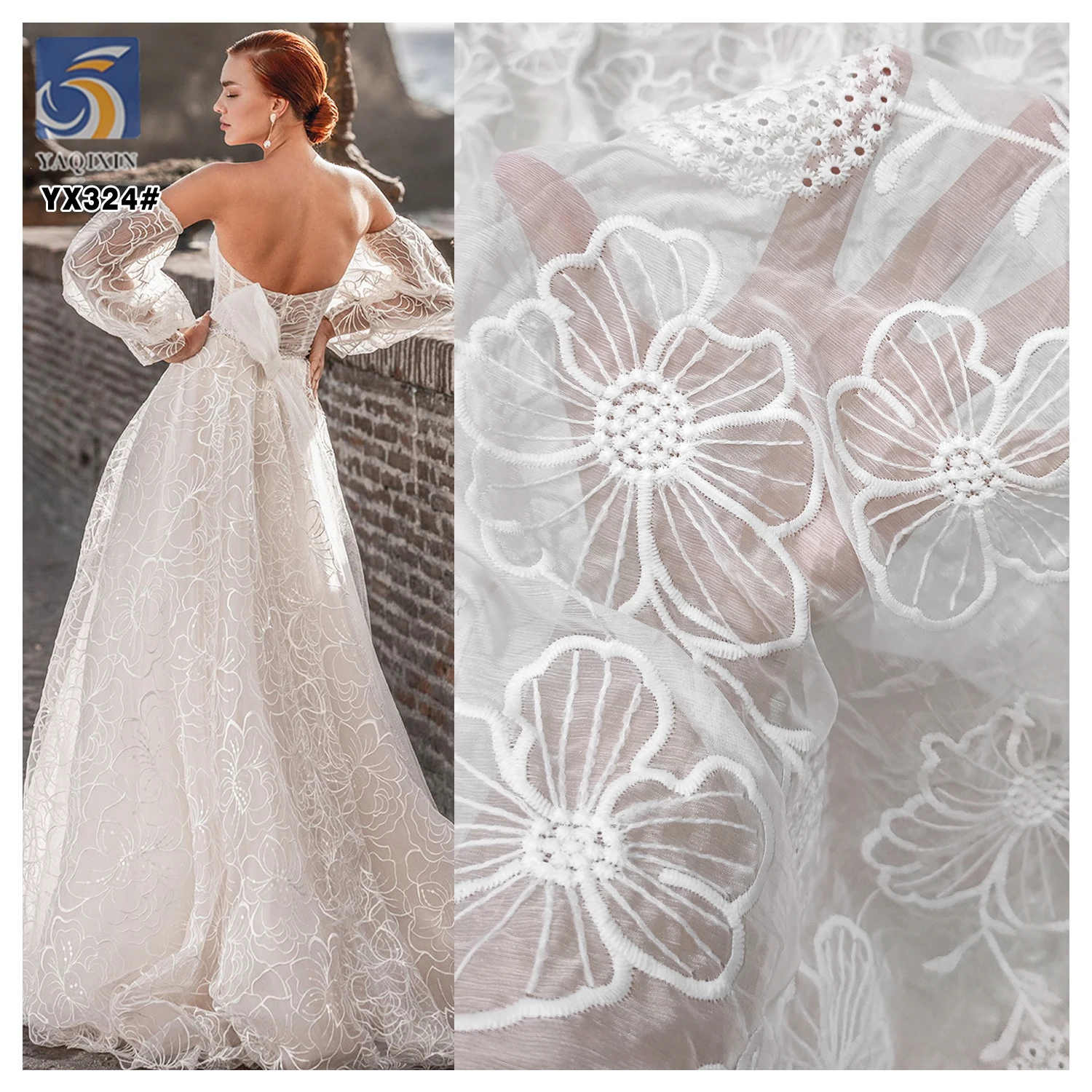 YX324 Wholesale Handmade Hollow Polyester Chiffon Embroidered Lace Fabric Floral White Embroidered Chiffon Fabric