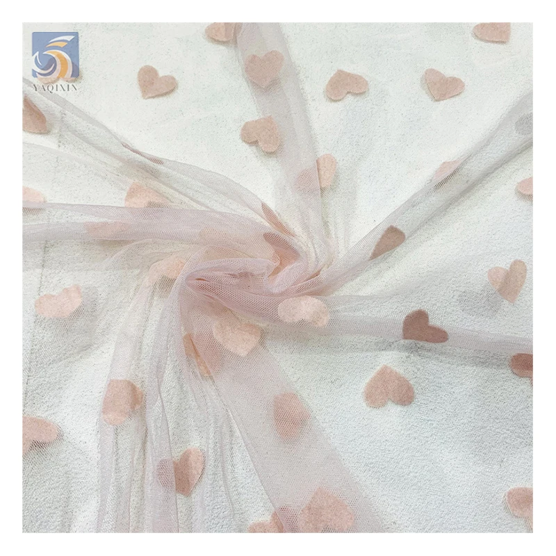 Factory Low Price Wholesale Price Tulle Fabric Heart Flocked Mesh Bra Tulle Fabric Novel Tulle 5 Yards - 图片 5