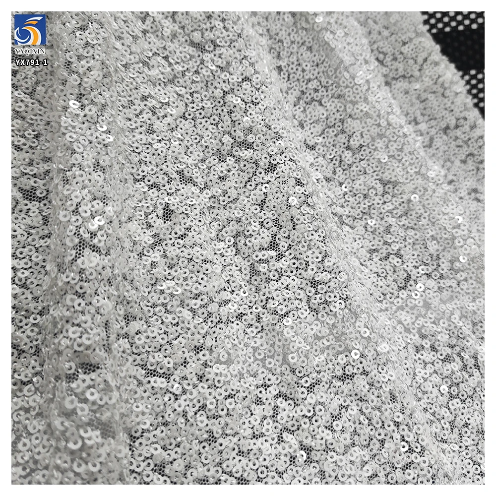 YX791-1 Full of 3mm Sequins Bright White Porcelain White Fabrics Stretch Sequin Fabric for Wedding Women's Dresses - 图片 2