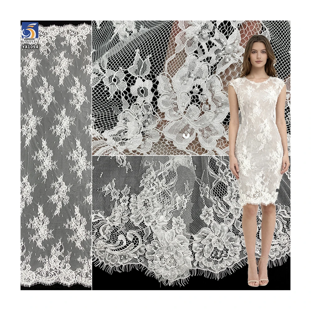 YX1094 High-End Handmade Bone Sewing Eyelash Lace Fabric Heavy Beads Pearls Embroidery Wedding Nigerian Eyelash Lace Fabric