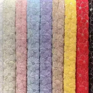 DX54-1 High Quality White Embroidery Mesh Fabric 3D Flower Lace Fabric With Sequins for Bridal Dress