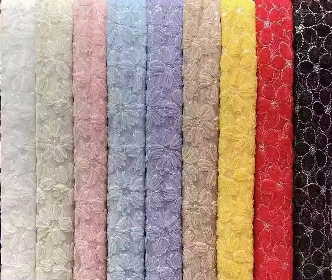 DX54-1 High Quality White Embroidery Mesh Fabric 3D Flower Lace Fabric With Sequins for Bridal Dress