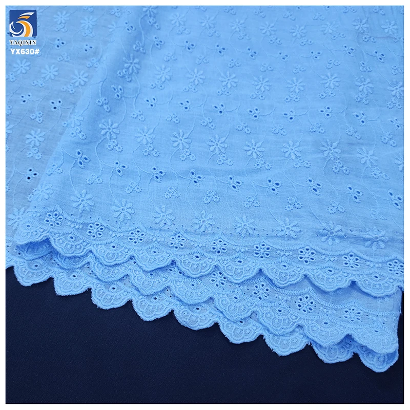 YX630 Fashion Color Sky Blue 100% Cotton Water-Soluble Lace Embroidery Fabric Girls Skirt Floral Cotton Fabric
