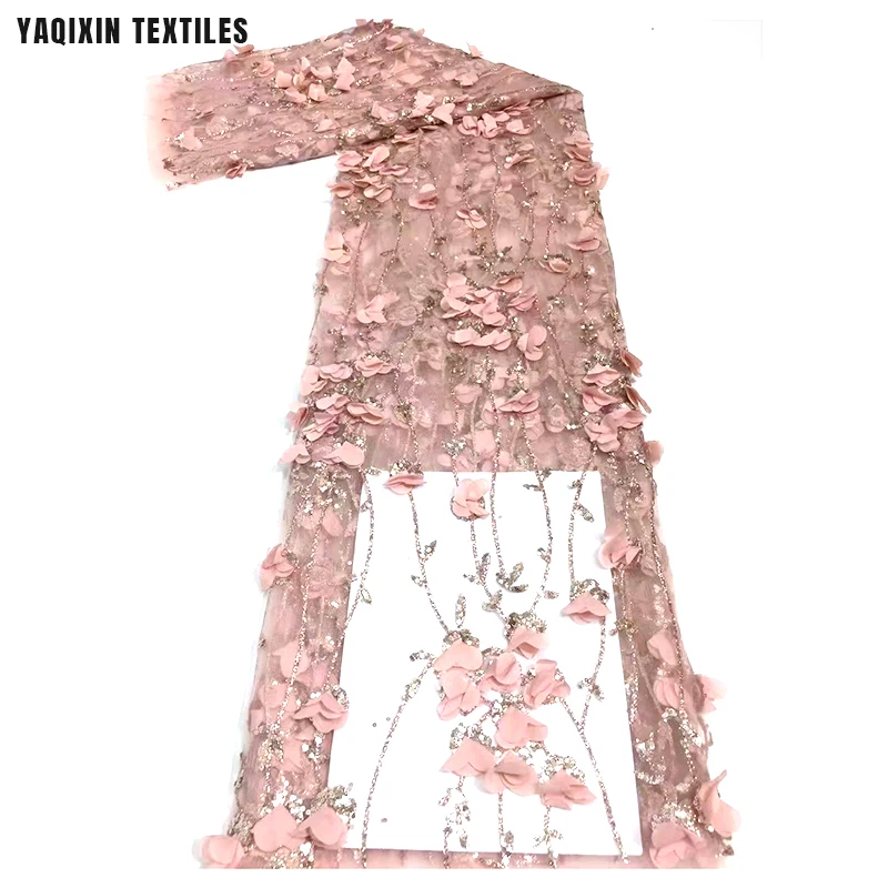 New Telas De Encaje De Flores 3D Pink Floral Glitter Lace Tulipanes Flowers Embroidered Tulle Lace Fabric for Quinceanera Dress - 图片 3