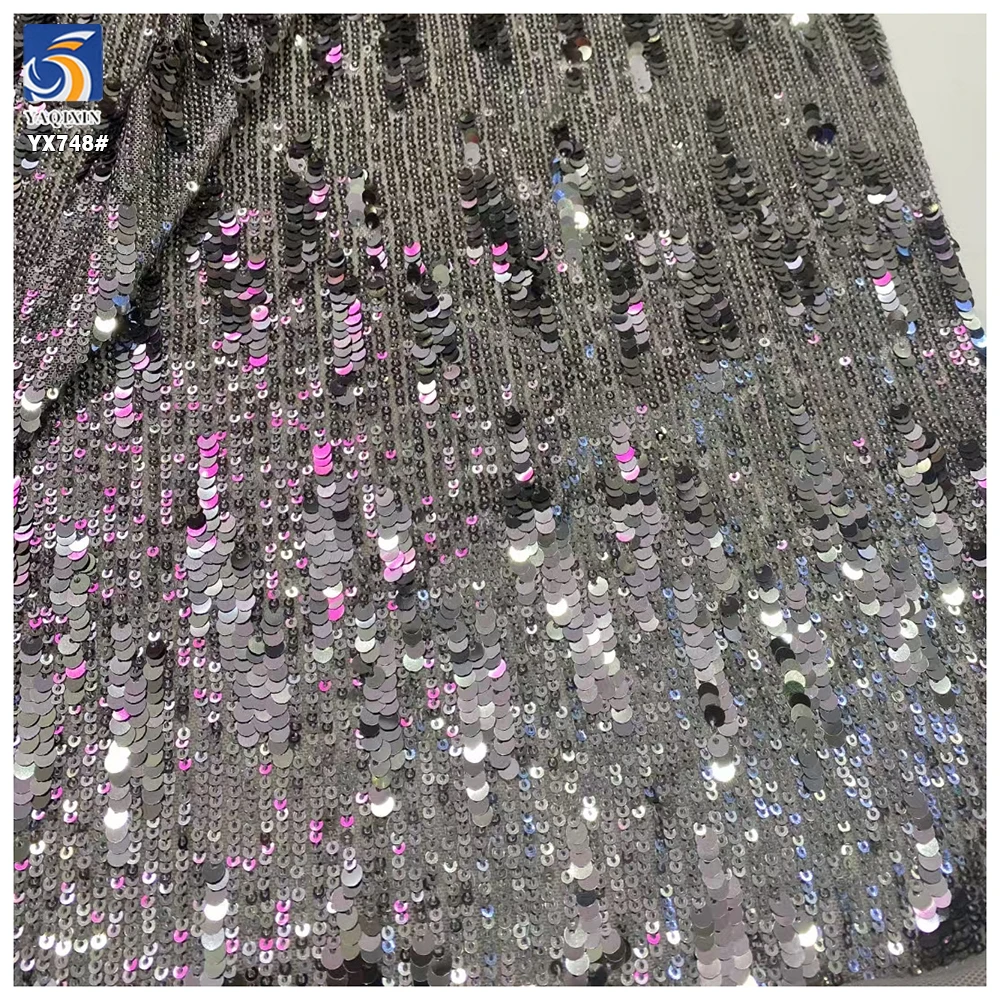 YX748 250gsm Elastic Mesh Embroidery 3MM+5MM Straight Metallic Sequin Fabric Fashionable Women's Skirts Sequin Fabric - 图片 4