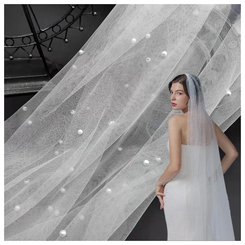 Wholesale White 3D Beaded Pearl Tulle Fabric for Wedding Dress/Veil - 图片 6