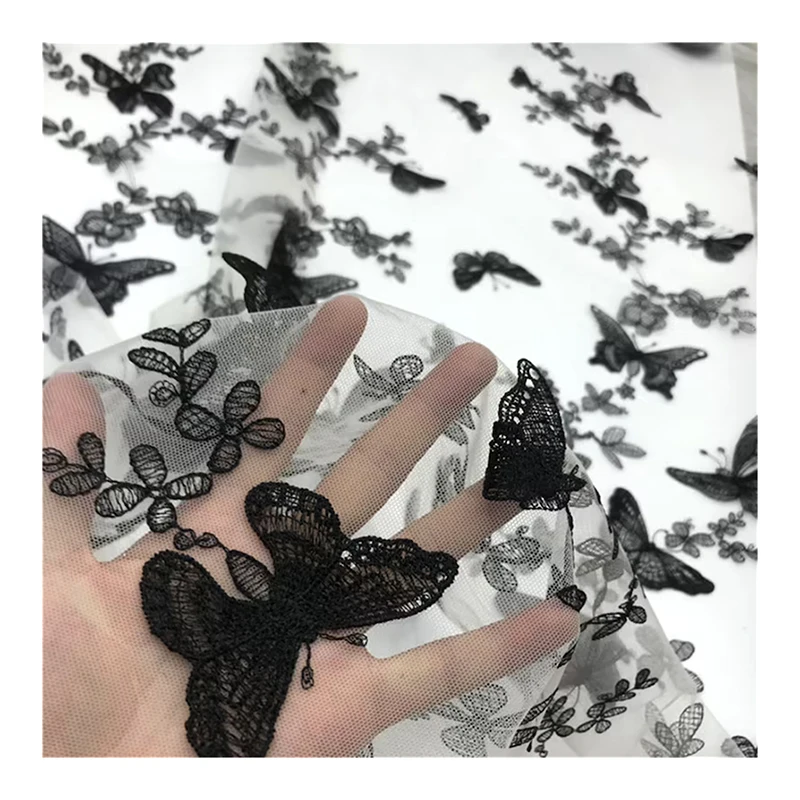 Hot Flower Elastic Tulle Lace Net Fabric High-End Embroidery Black Hand Embroidery Lace Fabric for Lingerie - 图片 3