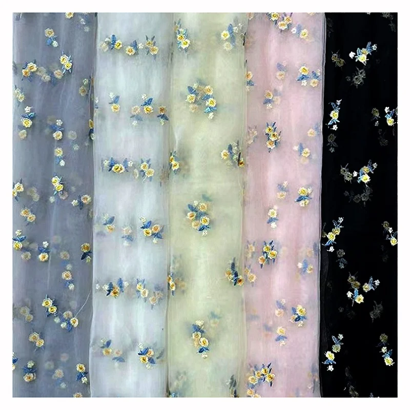 Polyester Tulle Embroidered Fabric With Daisy Sunflower Embroidery Design Tulle Mesh Fabric Girl Dress Fabric - 图片 5