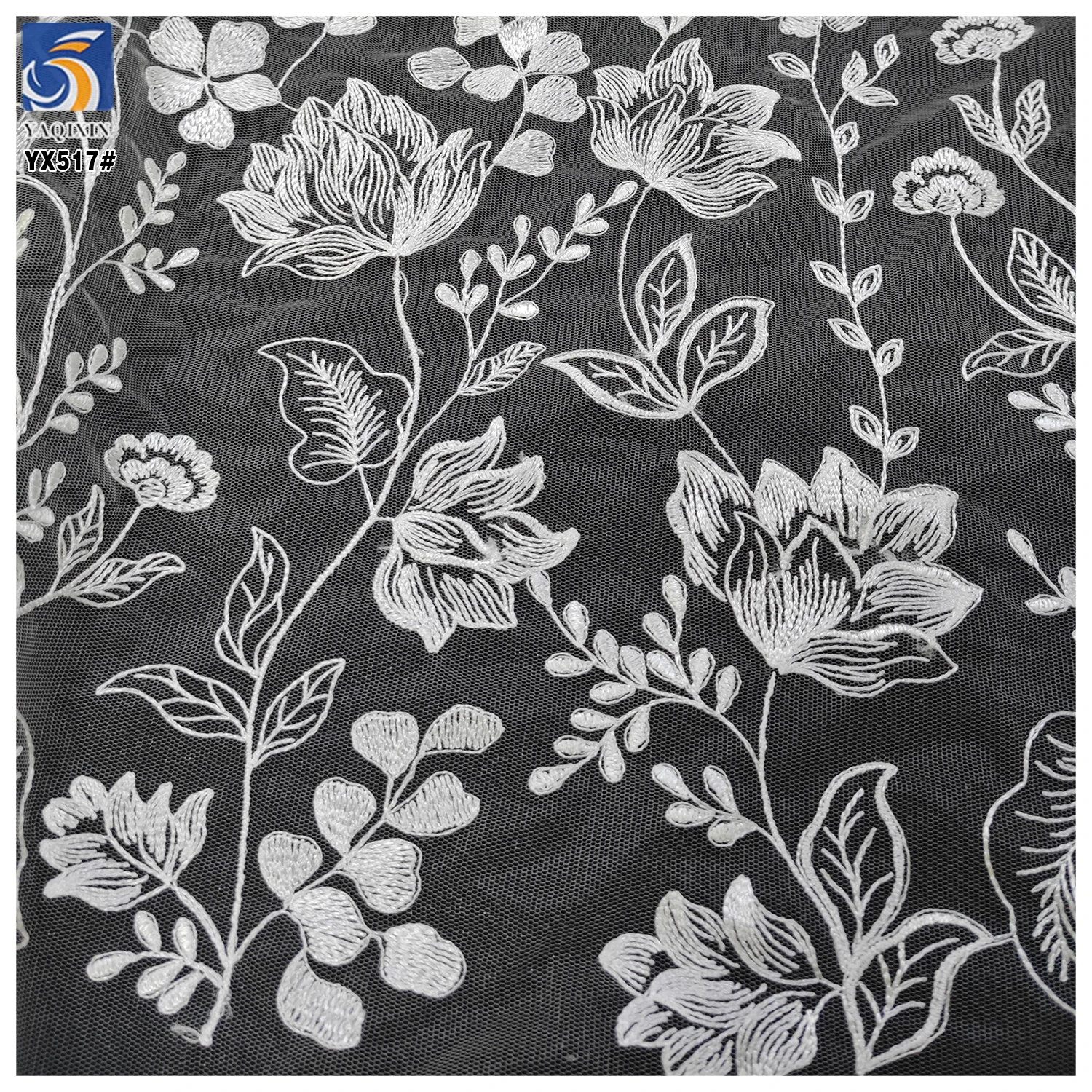YX517 2025 China Factory Plain White Net Embroidered Flower Fabric Soft Tulle Lotus Flowers Embroidered White Fabric