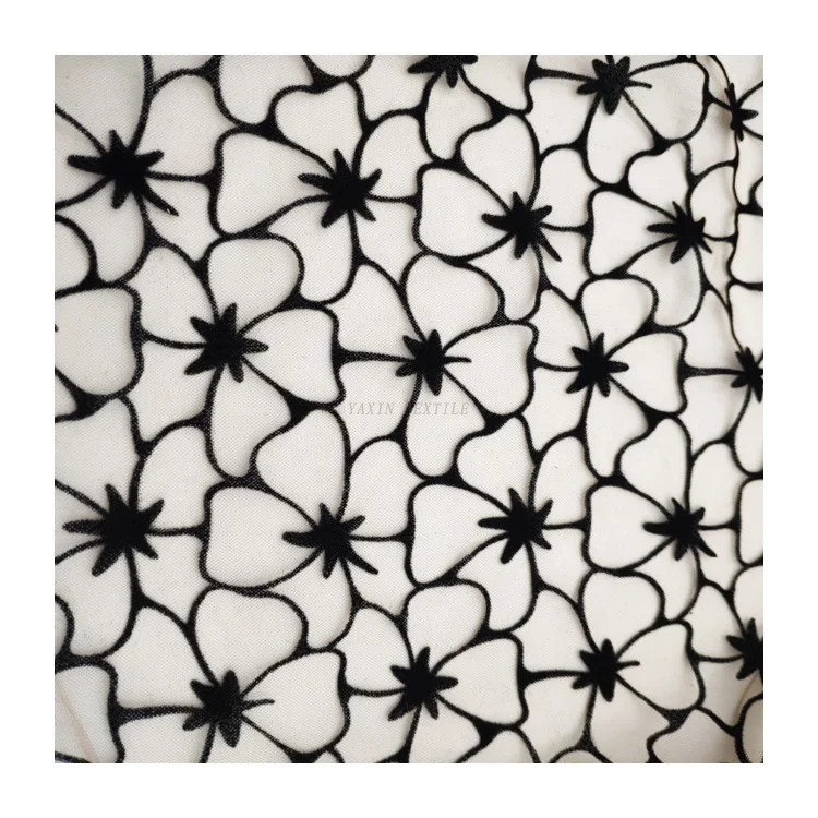 DX163 Fashionable Floral 100% Polyester Black Flocked Tulle Mesh Fabric With Flocking Velvet - 图片 3