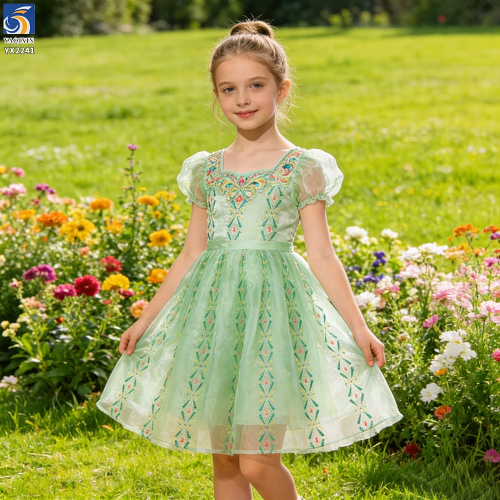 YX2241 Green Polyester Transparent Glitter Organza Fabric Custom Princess Anna Dress Baby Girl Clothing Skirts Fabric - 图片 3
