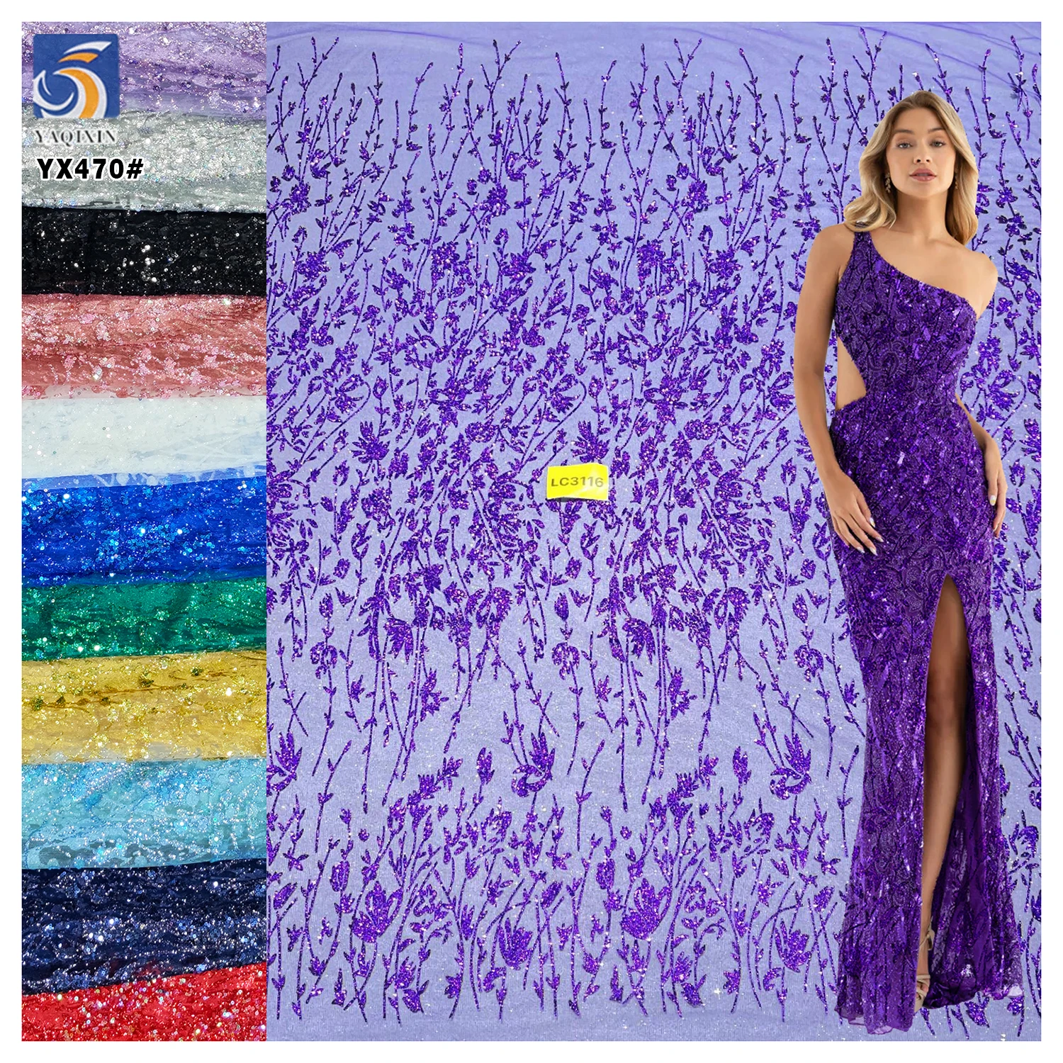 YX470 Custom Style 150 Gsm Polyester Tulle Glitter Purple Sequin Fabric for Wedding Dress